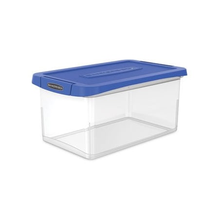 Fellowes Latch Lid Storage Bin, 22.38in x 14.19in x 10.63in, Clear/Blue 86101